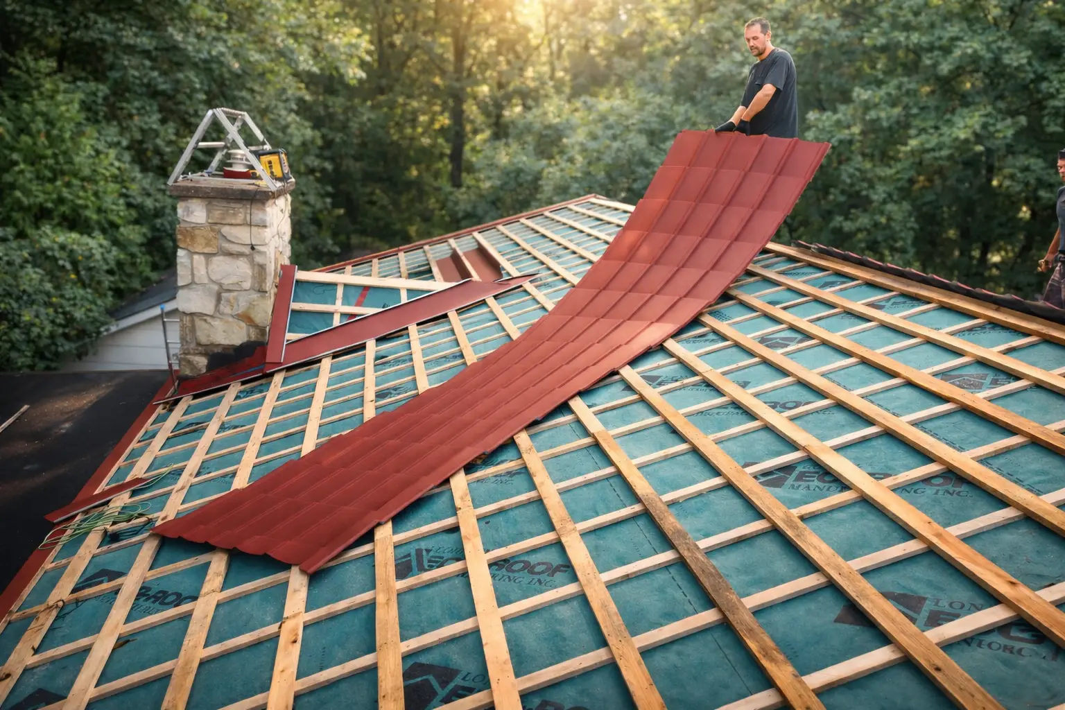 Continuous form metal roofing panel being installed