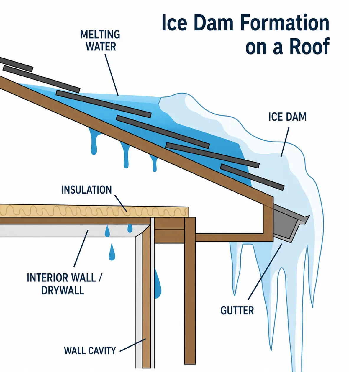 Diagram showing how an ice dam forms on a roof